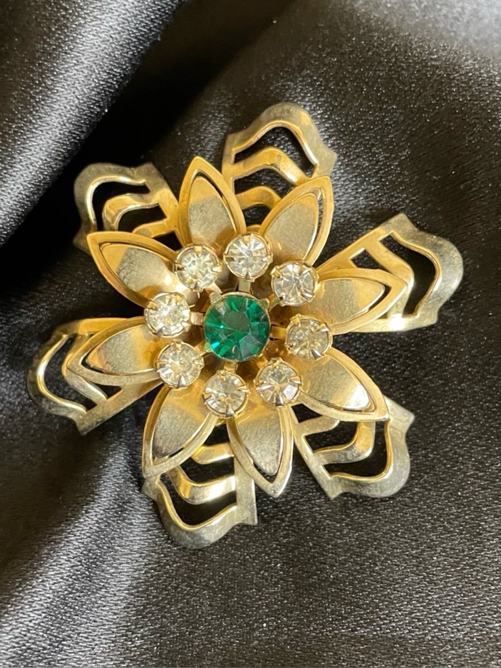 Vintage MCM Gold Tone Floral Brooch Green and Clear Rhinestones